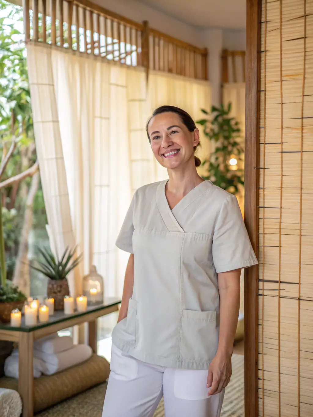 A caring massage therapist providing a gentle back massage to a hospice patient in a serene environment, focusing on pain relief and comfort.