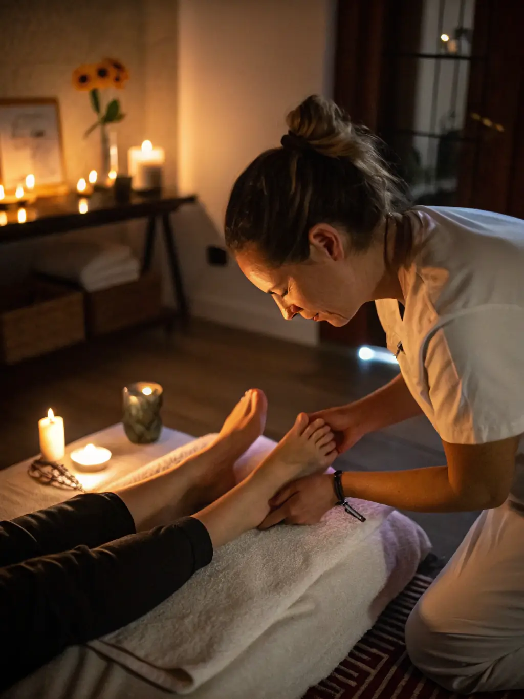 A peaceful image of a massage therapist performing a gentle foot massage on a hospice patient, promoting relaxation and well-being.