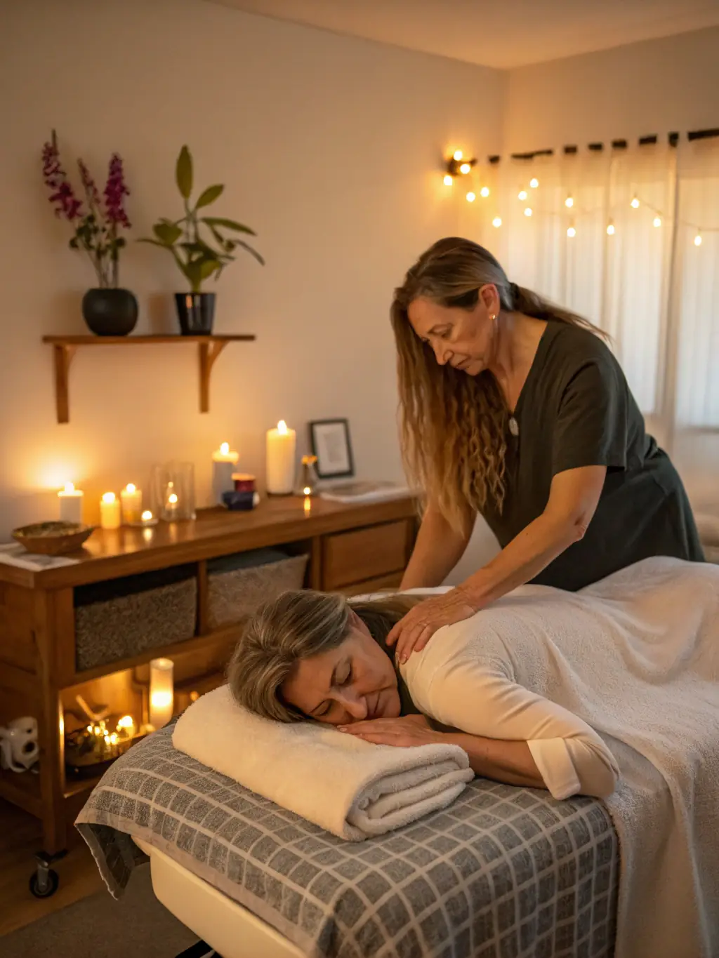 A compassionate massage therapist providing a soothing shoulder massage to a hospice patient in a comfortable, home-like setting.